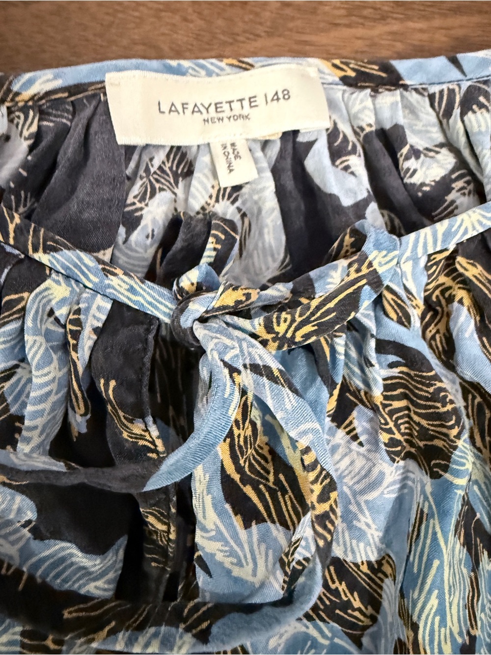 Lafayette 148 New York Blue, Black & Gold Leaf-Print Maxi Dress